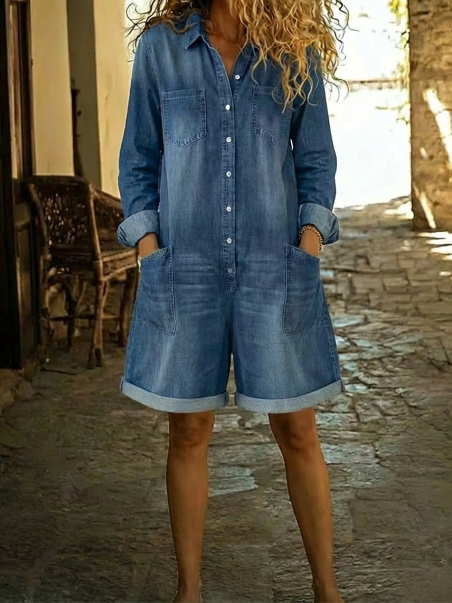 Women's Casual Cotton Denim Jumpsuit Shorts