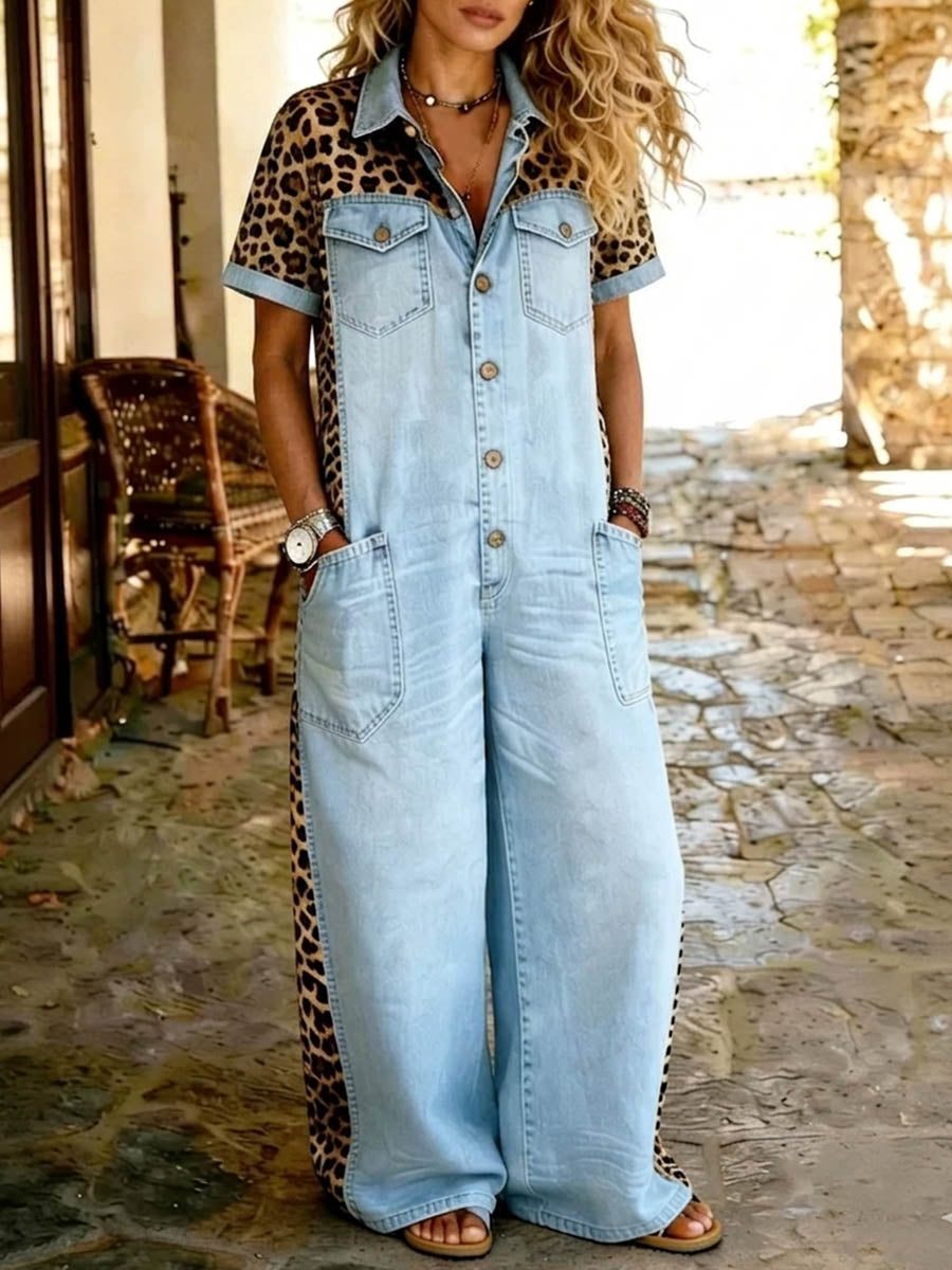 Women's Short-sleeve Wide-leg Denim Jumpsuit With Shirt Collar And Leopard Print Paneling