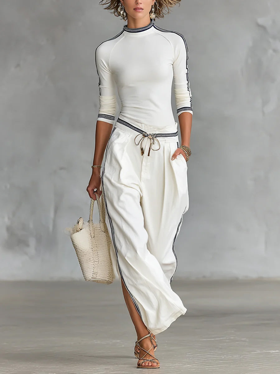 Cozy Stretch Knit Top And Linen And Cotton Trousers Two-piece Set