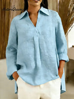 Women's Solid Color V-neck Long-sleeved Casual Loose Cotton And Linen Top