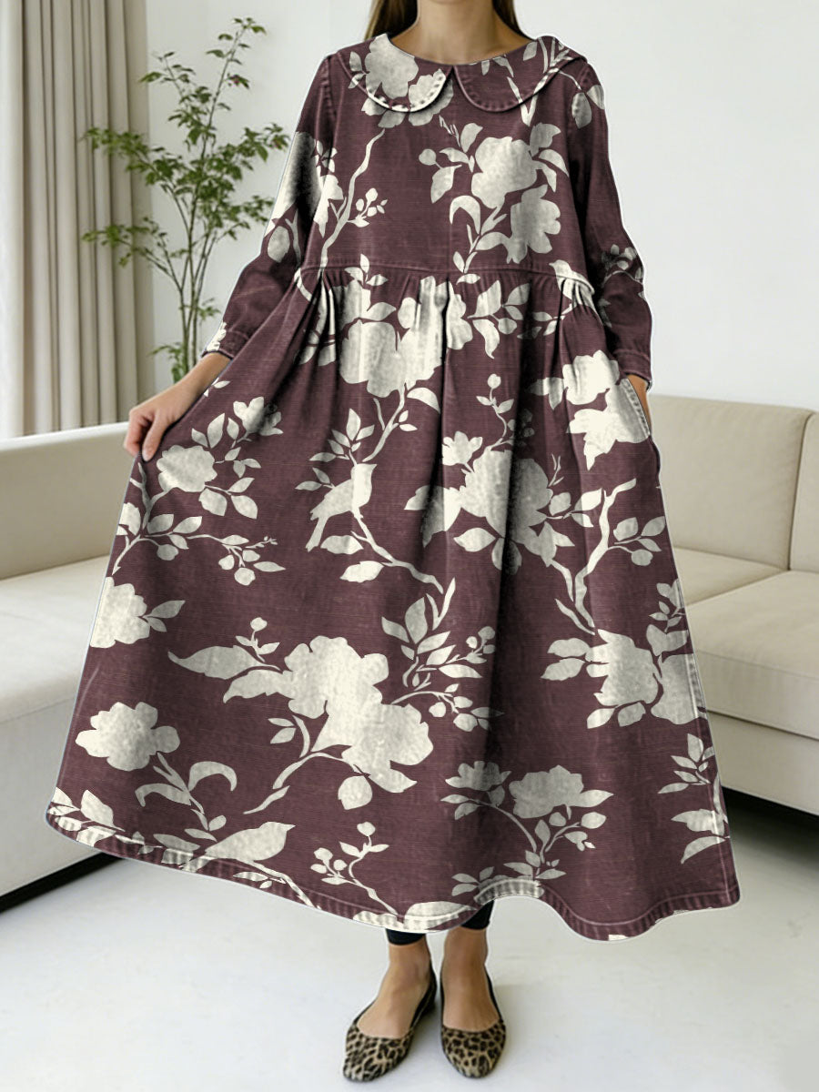 Elegant Floral Silhouette Decorative Pattern Women's Casual Peter Pan Collar Long Sleeve Dress