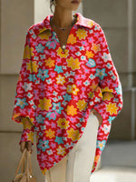 Women's Flowers Floral Patterns V-neck Long-sleeved Casual Loose-fitting Knitted Pullover Sweater