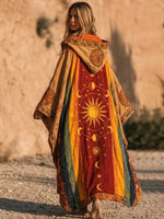 Boho Star & Moon Print Cotton-linen Hooded Dress