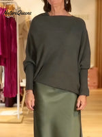 Women's Solid Color Boat Neck Long-sleeved Casual Loose Knit Sweater