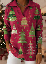 Christmas Trees Gradient Art Pattern Polo Collar Shiny Loose Sweater Top