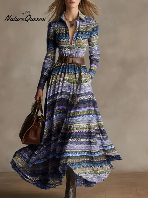 Women's Ethnic Print V-neck Long-sleeved Casual Loose Cotton Linen Dress