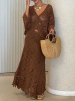 Women's Bohemian Set: V-neck 3/4-sleeve Casual Loose Crochet Cardigan & High-waisted Skirt