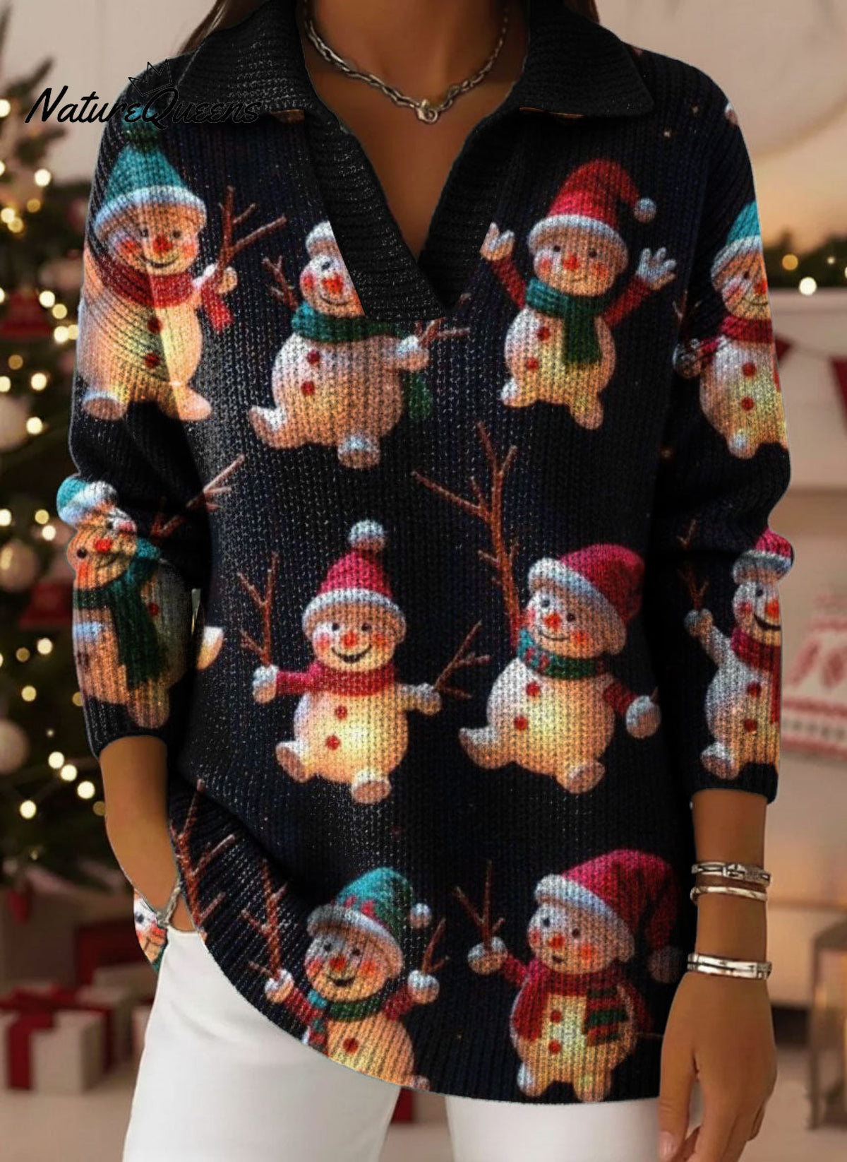 Neon Christmas Snowman Art Pattern Polo Collar Shiny Loose Sweater Top
