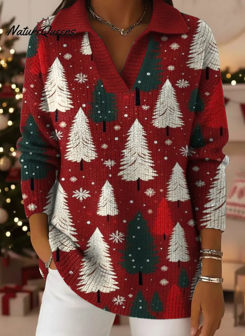 Women's Christmas Tree Pattern Art Print Casual Cotton Sweater