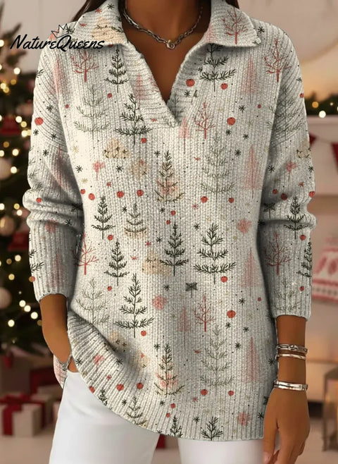 Women's Christmas Tree Art Print Casual Cotton Sweater