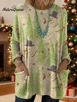 Women's Christmas Tree Snowman Pattern Art Print Casual Cotton Knitted Sweater