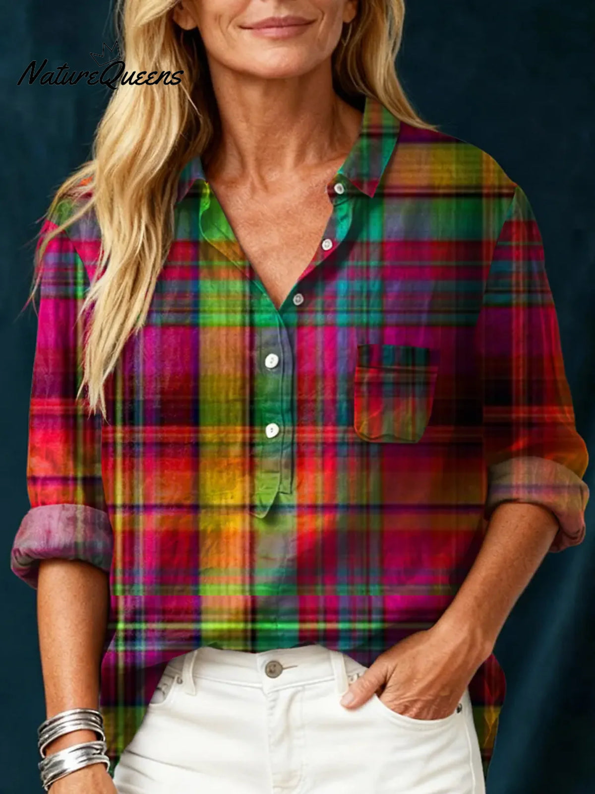 Women's Vintage Plaid Art Print Casual Cotton And Linen Shirt