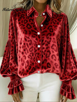 Women's Velvet Leopard Print Balloon Sleeve Shirt