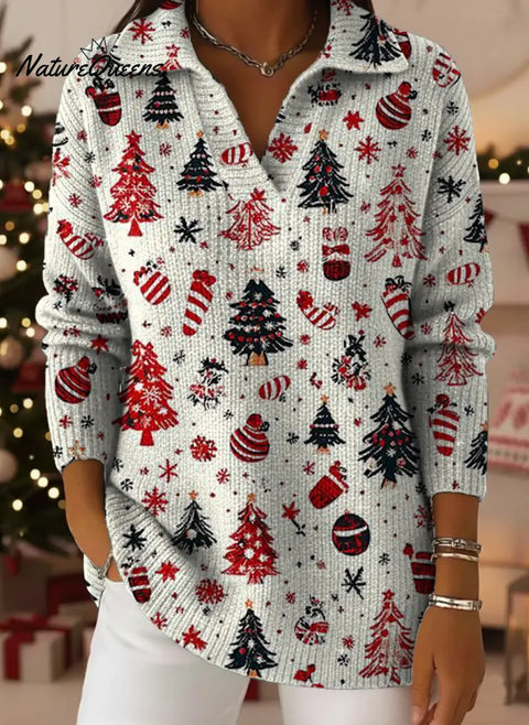 Women's Christmas Tree Art Print Casual Cotton Sweater