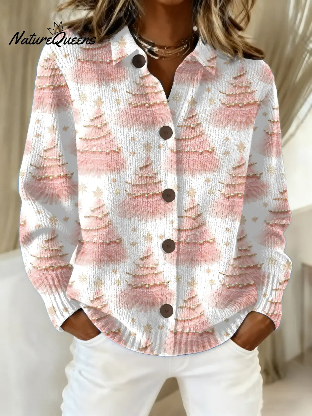 Women's Vintage Christmas Tree Art Print Casual Sweater