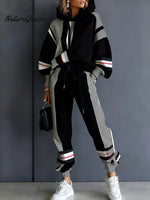Women's Color Block Long Sleeve Casual Loose Hooded Sweatshirt And Elastic Waist Casual Pants Set