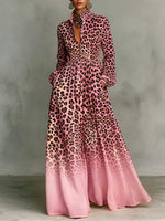 Gradient Leopard Print Stand Collar Button-down Maxi Shirt Dress