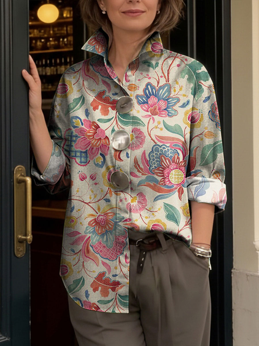Women's Artistic Floral Print Metal-button Shirt