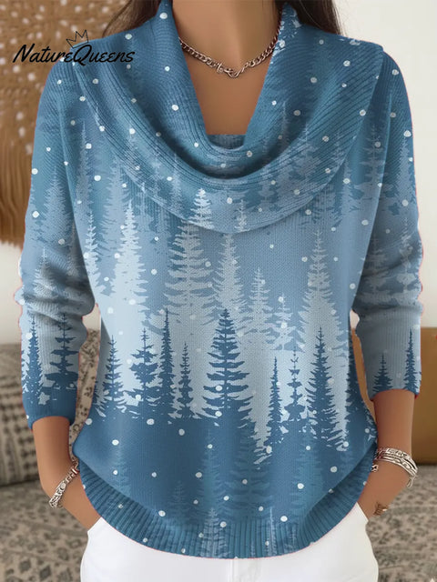 Women's Christmas Tree Pattern Art Print Casual Cowl Neck Sweater