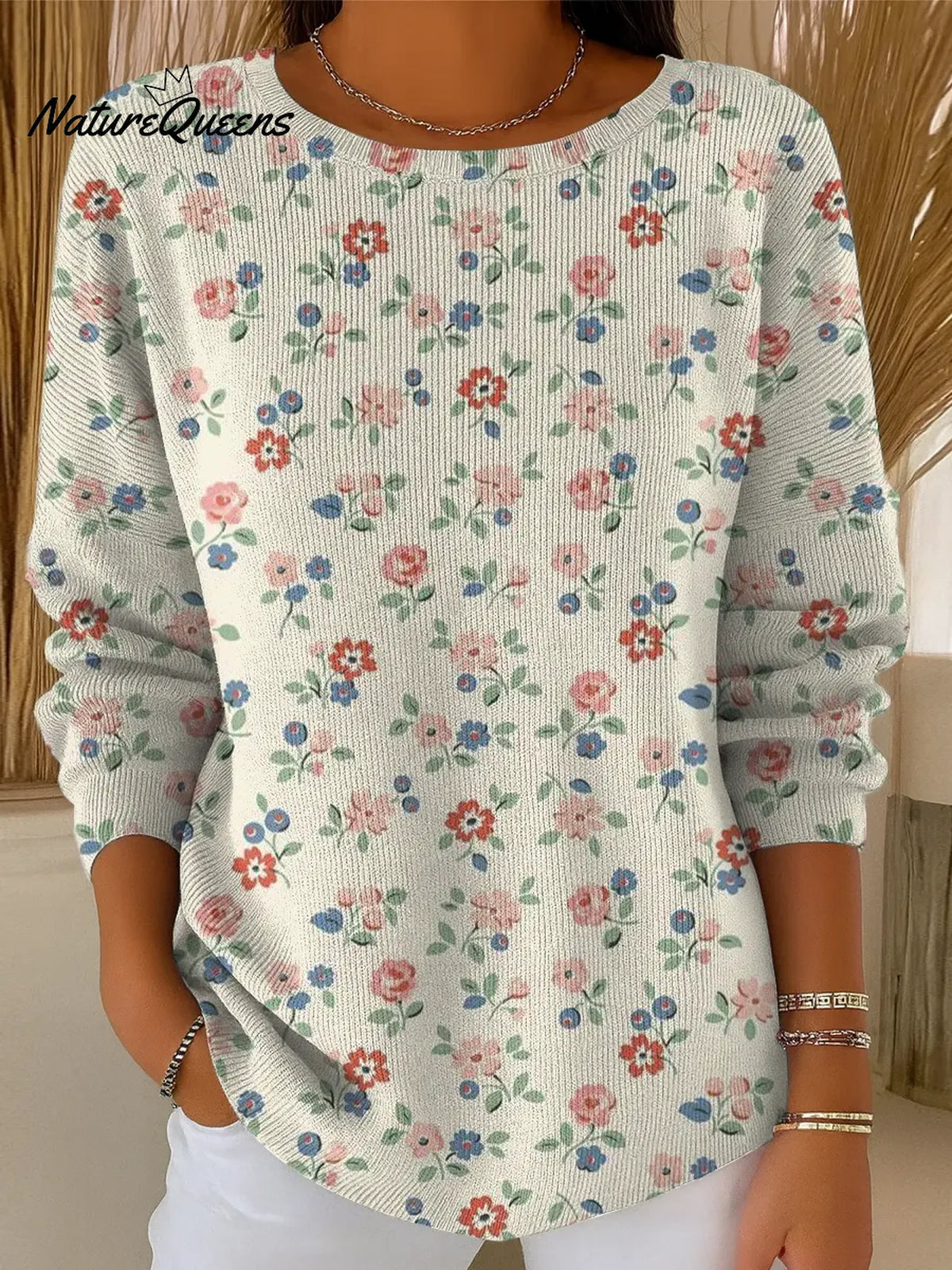 Women's Small Floral Print Casual Pullover Sweater