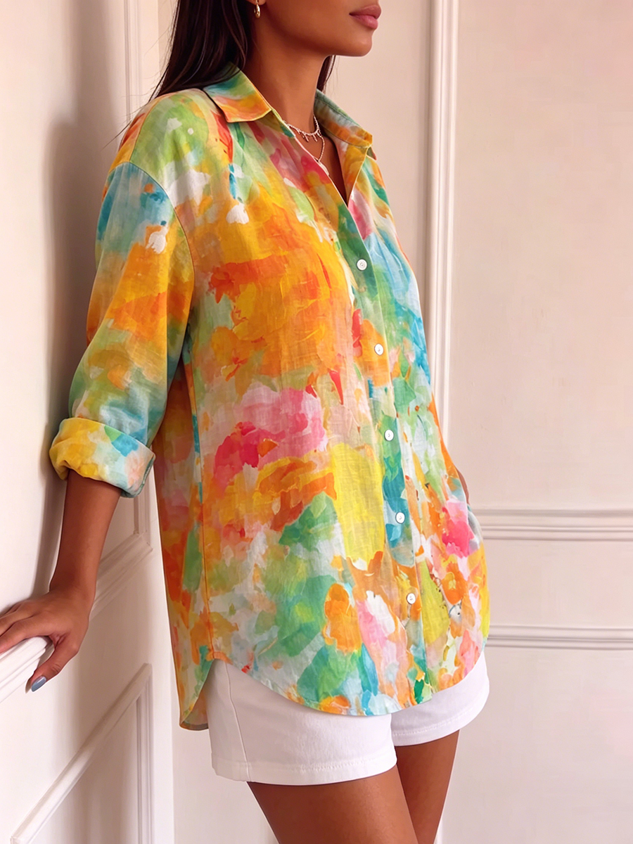 Artistic Watercolor-print Cotton Linen Shirt