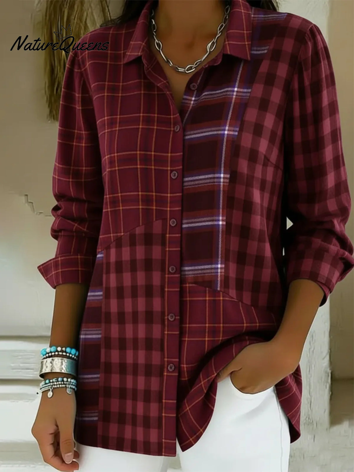 Artistic Plaid Print Patchwork Shirt