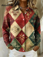 Women's Diamond Pattern Christmas Printed Collared Sweater