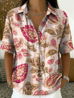 Women's Vintage Botanical Floral Casual Polo Collar Short-sleeved Linen And Cotton Shirt