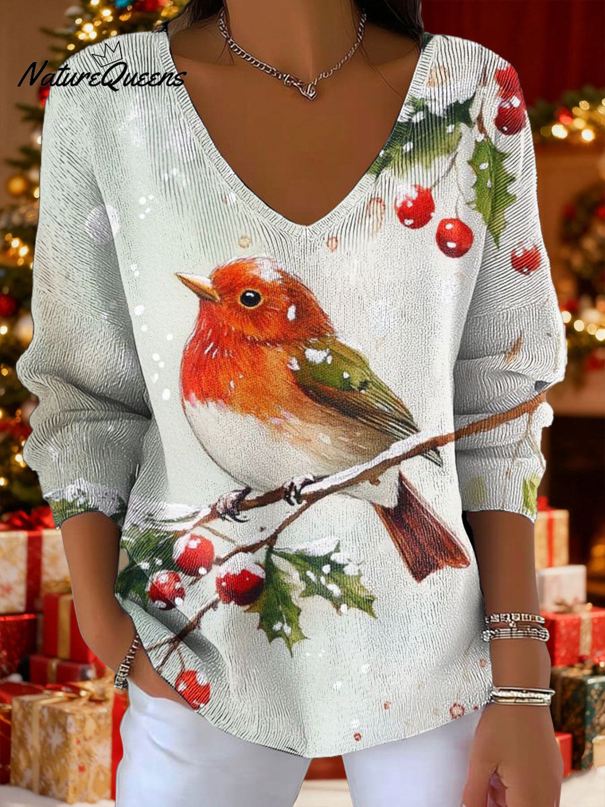 Women's Christmas Pattern Snow Bird Art Pattern Art Print V-neck Solid Color Loose Shiny Sweater