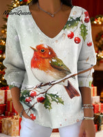 Women's Christmas Pattern Snow Bird Art Pattern Art Print V-neck Solid Color Loose Shiny Sweater