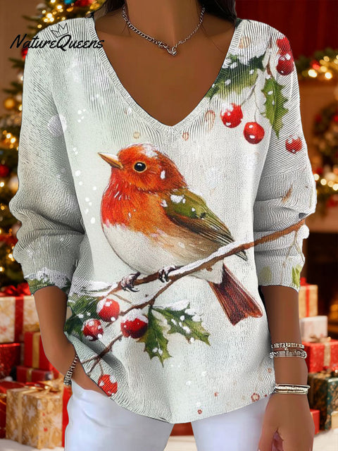 Women's Christmas Pattern Snow Bird Art Pattern Art Print V-neck Solid Color Loose Shiny Sweater