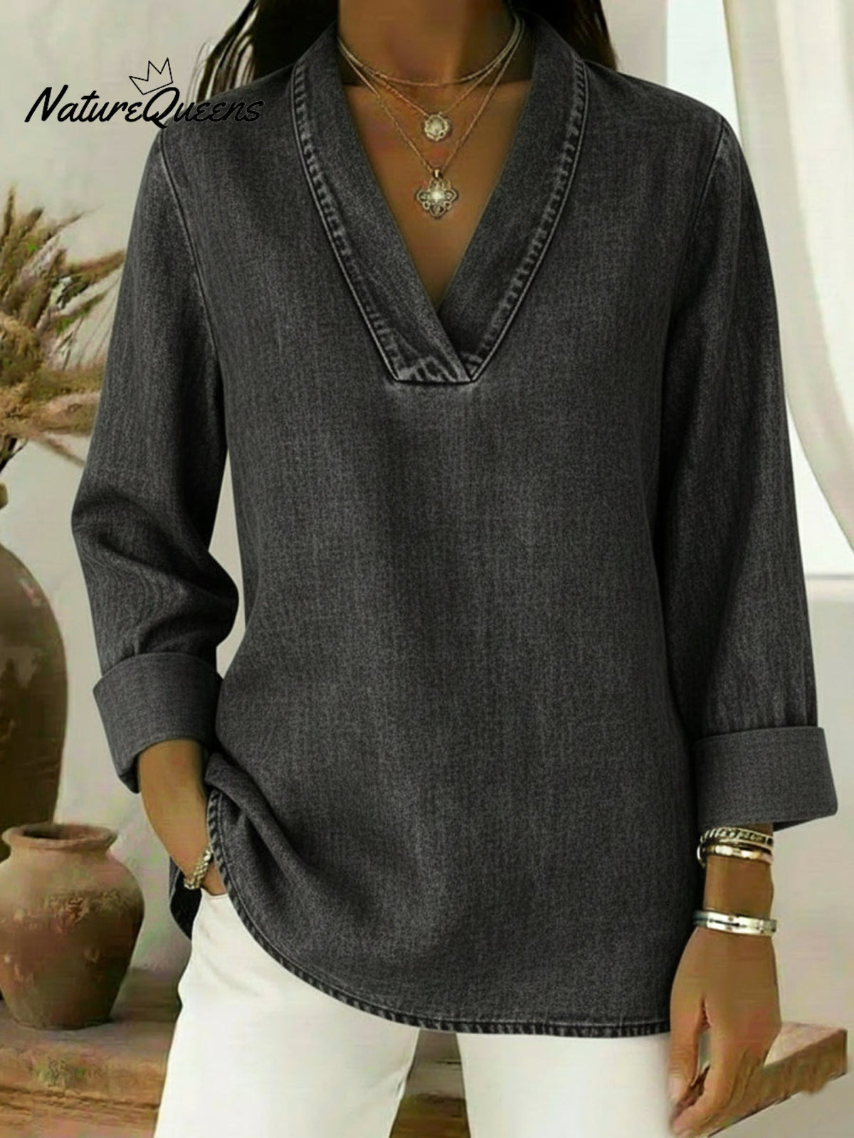 Vintage Shawl Collar Denim Shirt