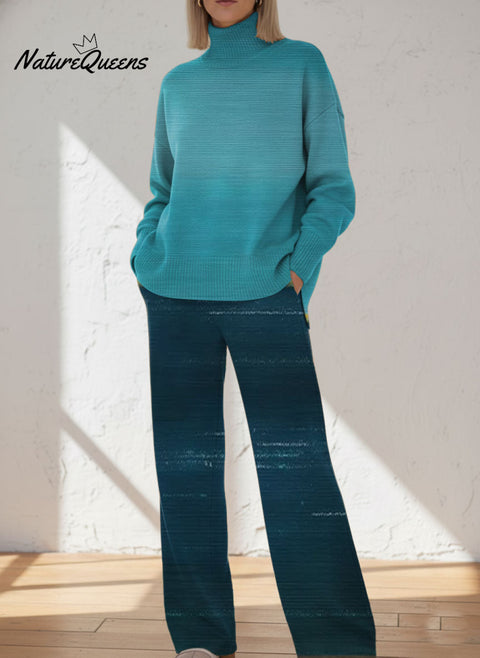 Women's Color Gradient Pattern Art Print Casual Knitted Cotton Top Pants Suit