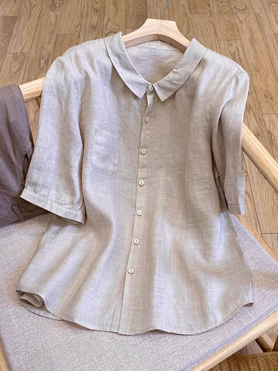Women's Solid-color Collared Short-sleeve Casual Loose Cotton-linen Top
