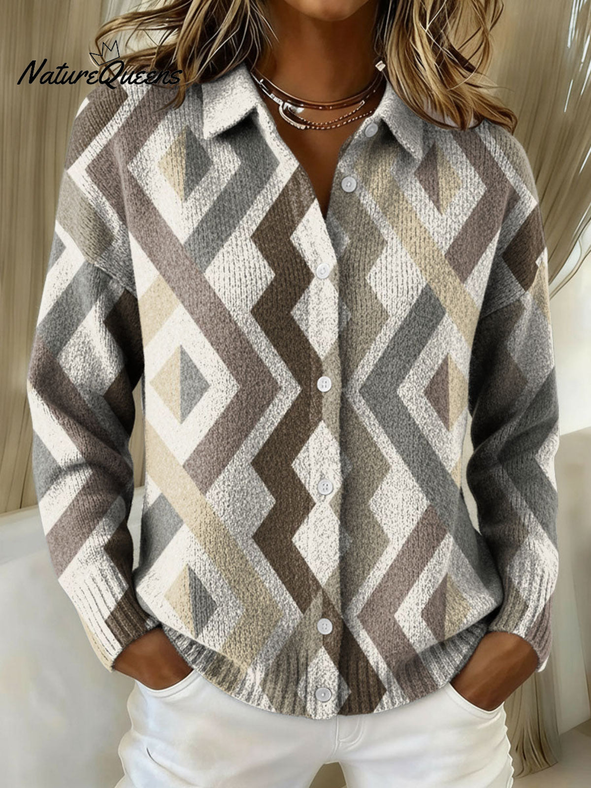 Simple Geometric Line Decorative Patterns Casual Shirt Collar Long Sleeve Sweater