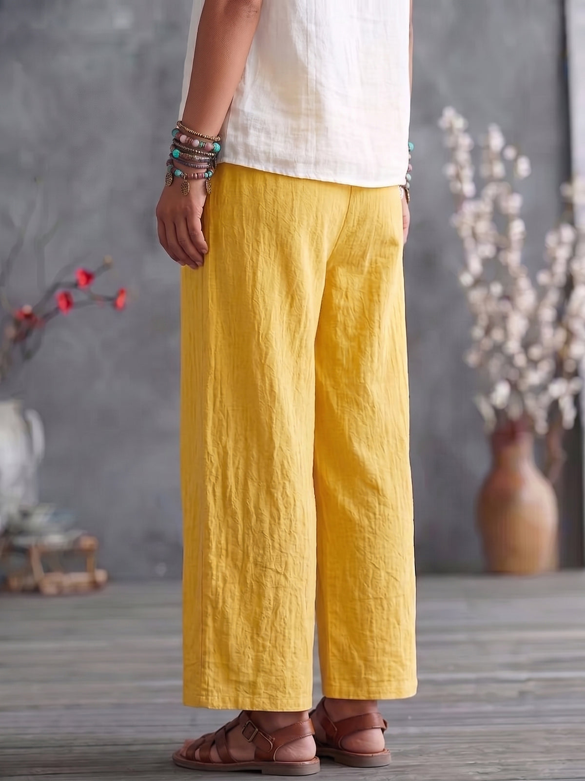Cozy Floral-embroidered Cotton-linen Straight-leg Cropped Pants