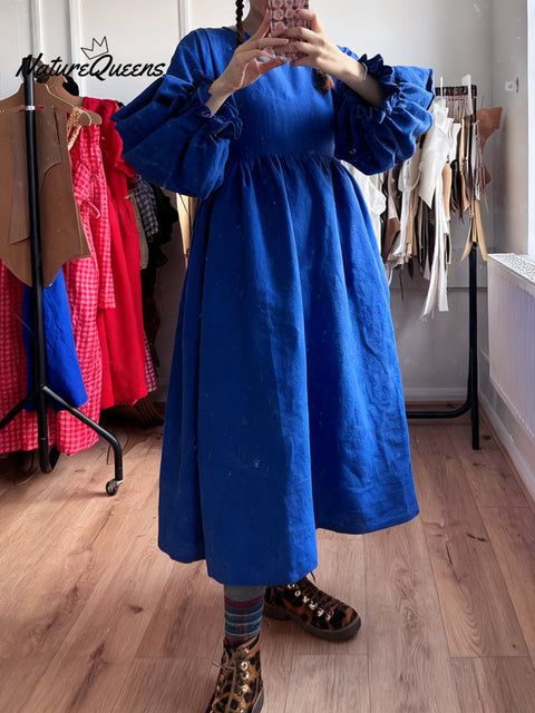 Women's Cotton And Linen Solid Color Loose Casual Lantern Sleeve Dress