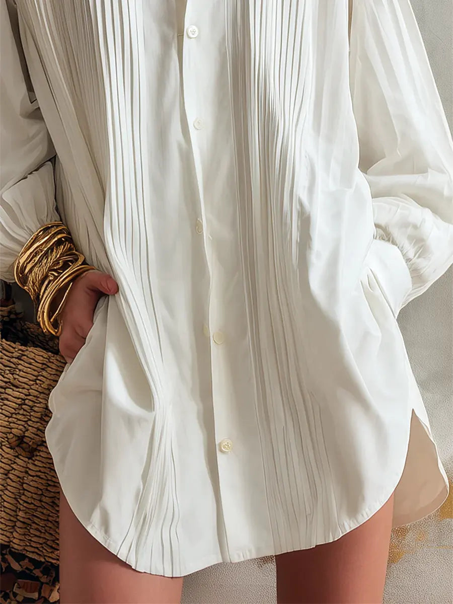 Women's Solid Color Lapel Long Sleeve Art Casual Cotton Shirt Dress
