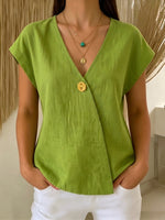 Casual Solid-color V-neck Cotton-linen Blouse