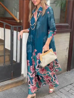 Loose And Cozy Floral-print Long Shirt And Pants Two-piece Set