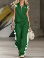 Women's Casual Patchwork Striped Zip-up Top And Pants Two-piece Set