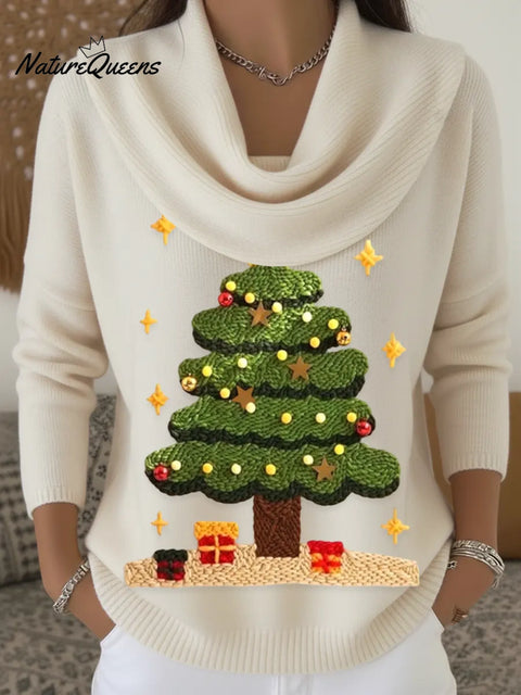 Women's Christmas Tree Art Print Cowl Neck Sweater