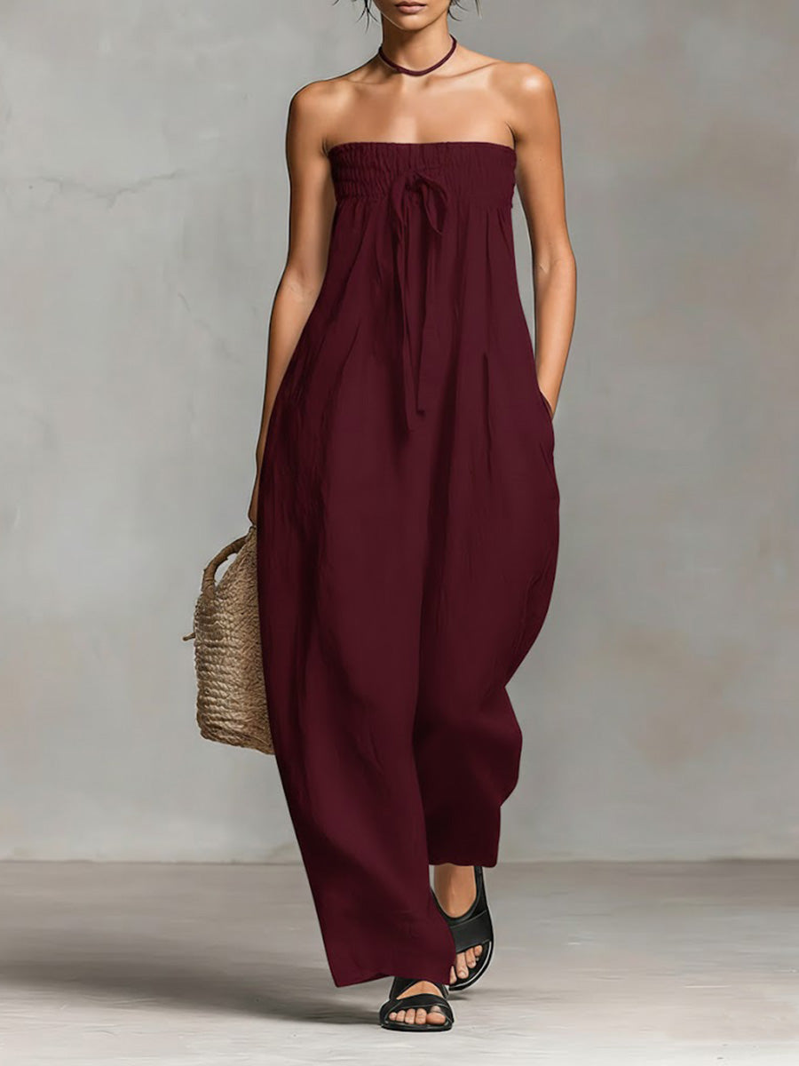 Women's Solid Color Strapless Casual Loose Cotton And Linen Jumpsuit