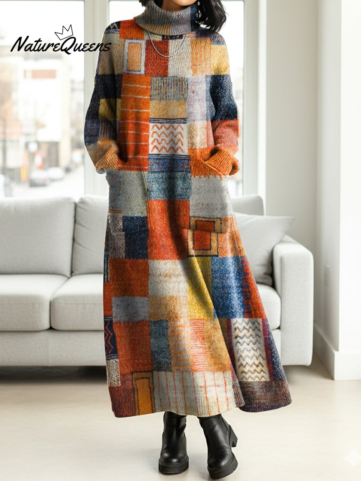 Women's Artistic Geometric Patchwork Casual Cotton Knitted Dress