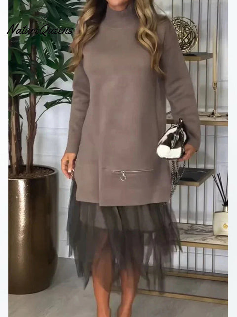 Women's Paneled Mesh Long Sleeve Dress