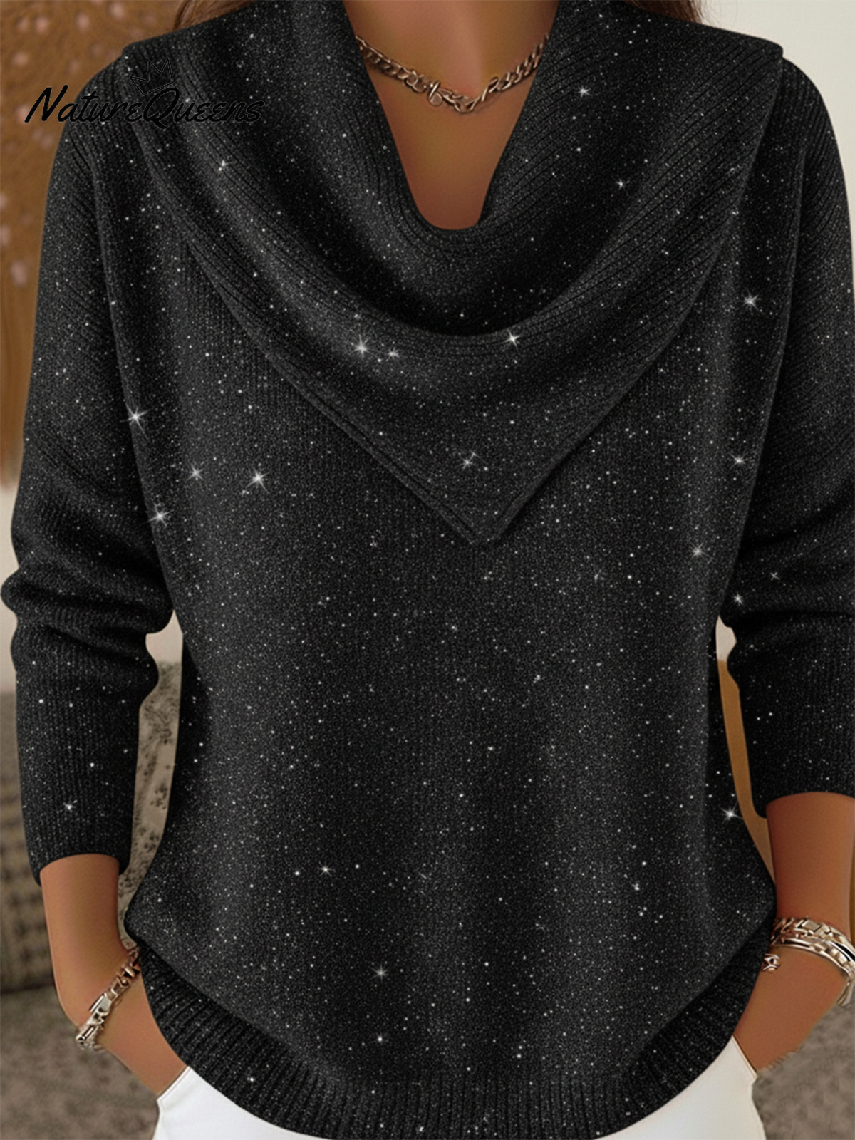 Vintage Soft Triangle Neck Sequined Shiny Sweater Top