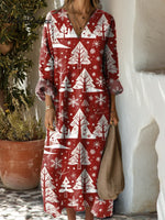 Women's Vintage Christmas Tree Pattern Art Print Cotton Dress