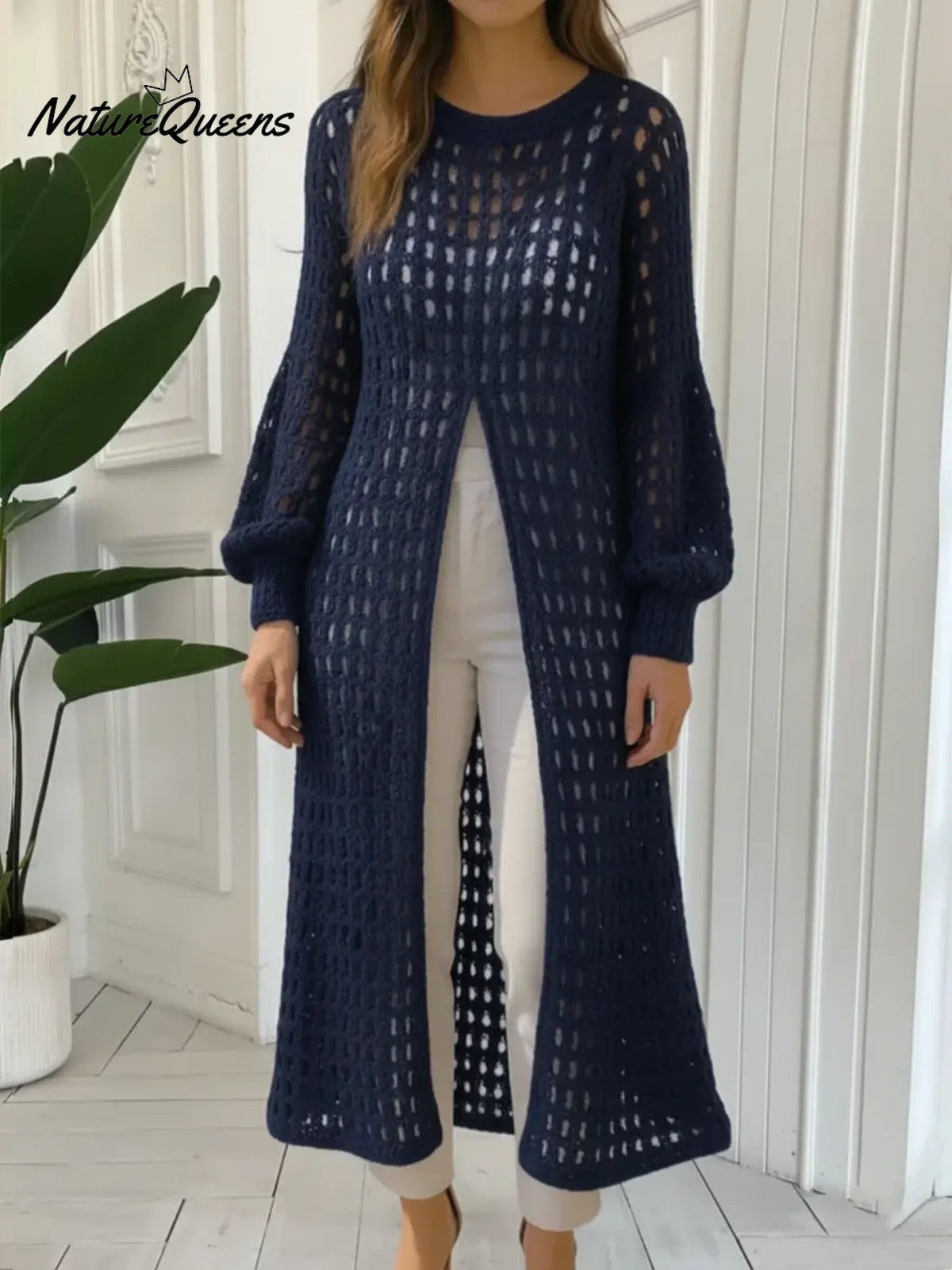 Women's Openwork Crochet Slit Long Top