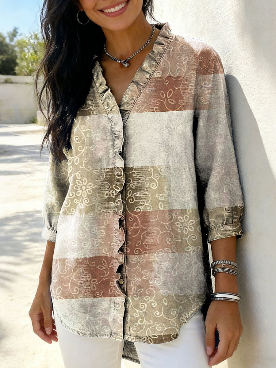 Women's Retro Gradient Flowers Floral Art Casual Denim V-neck Ruffled Shirt