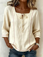 Women's Square-neck 3/4-sleeve Loose-fit Cotton-linen Top